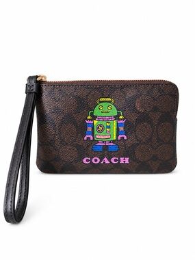 Coach Corner Zip Wristlet In Brown Signature Canvas with Neon Robot Graphic